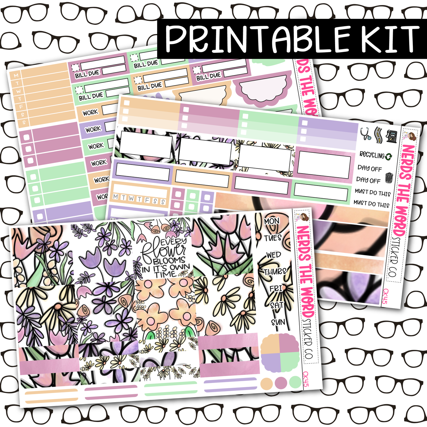 PRINTABLE Watercolor Floral Weekly Kit - Choose your Size