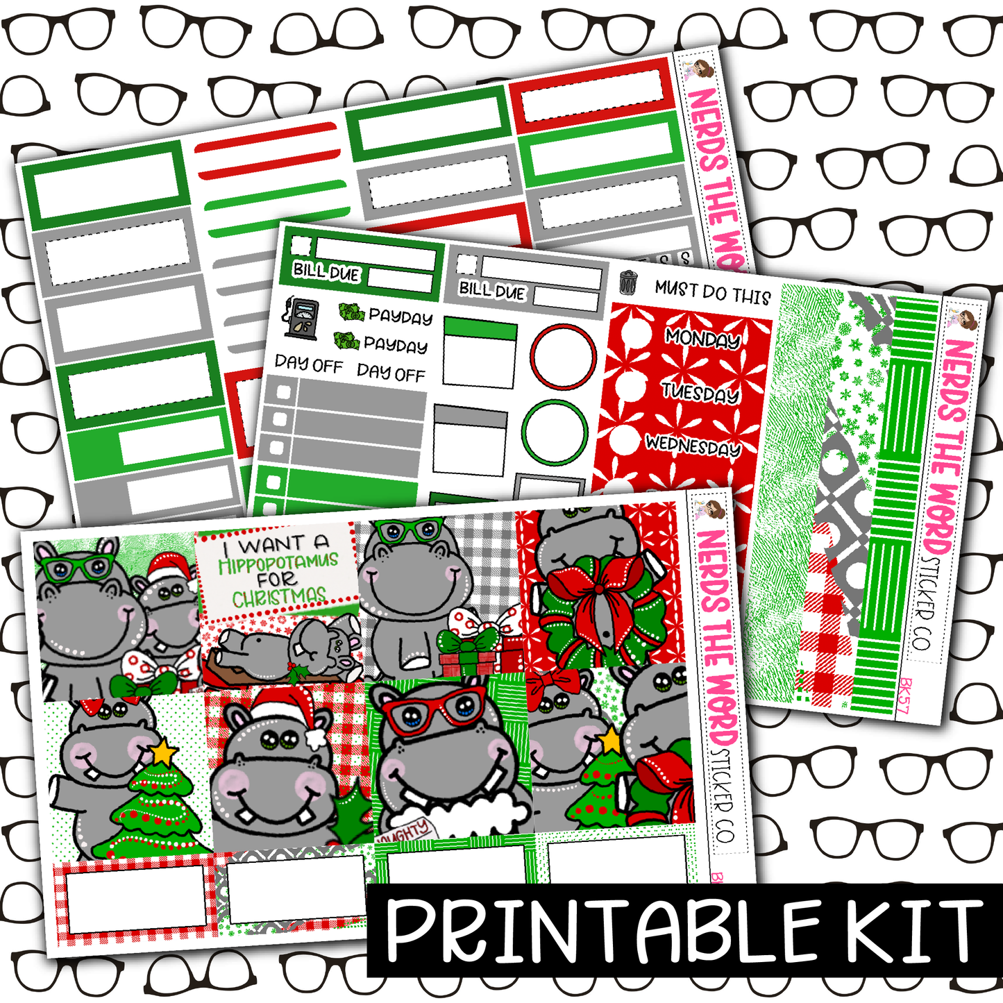 PRINTABLE - Hippo for Christmas Monthly, Weekly and or Journaling Sticker Kit