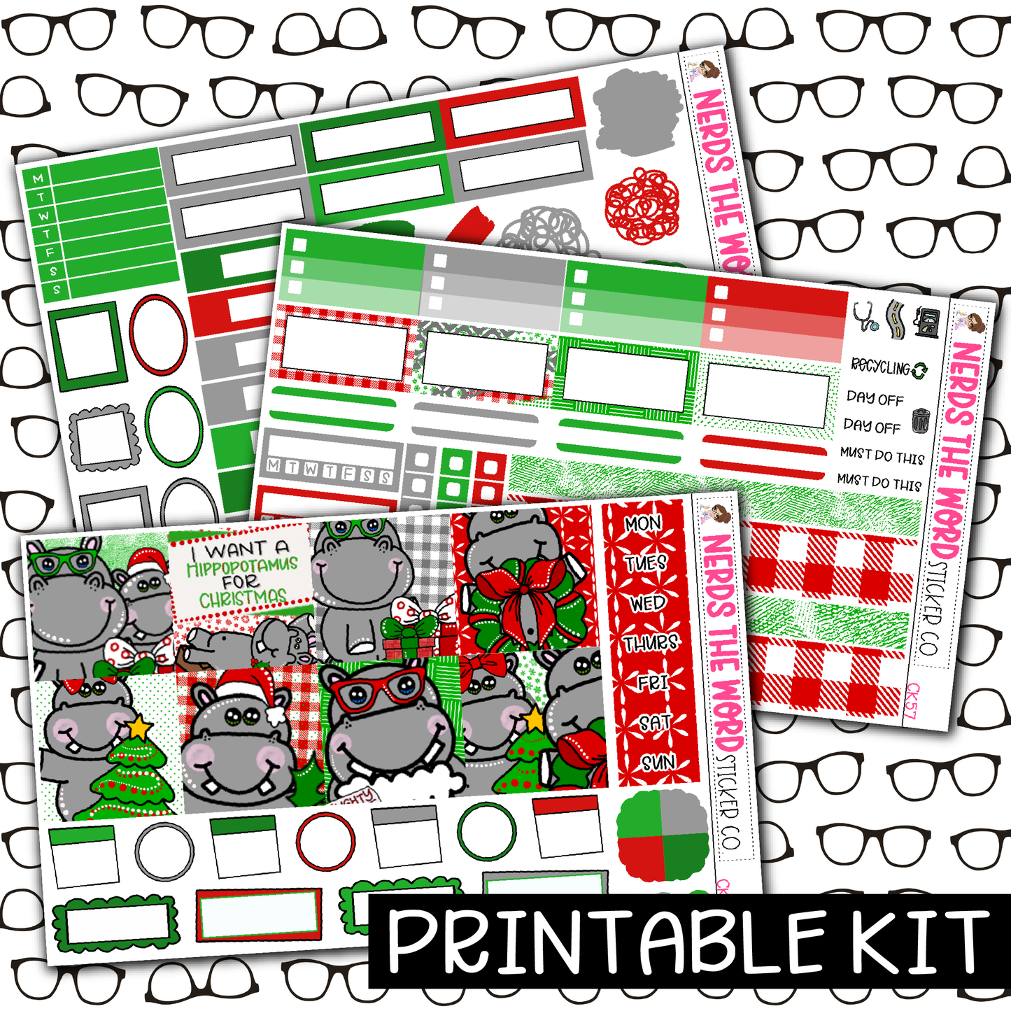 PRINTABLE - Hippo for Christmas Monthly, Weekly and or Journaling Sticker Kit