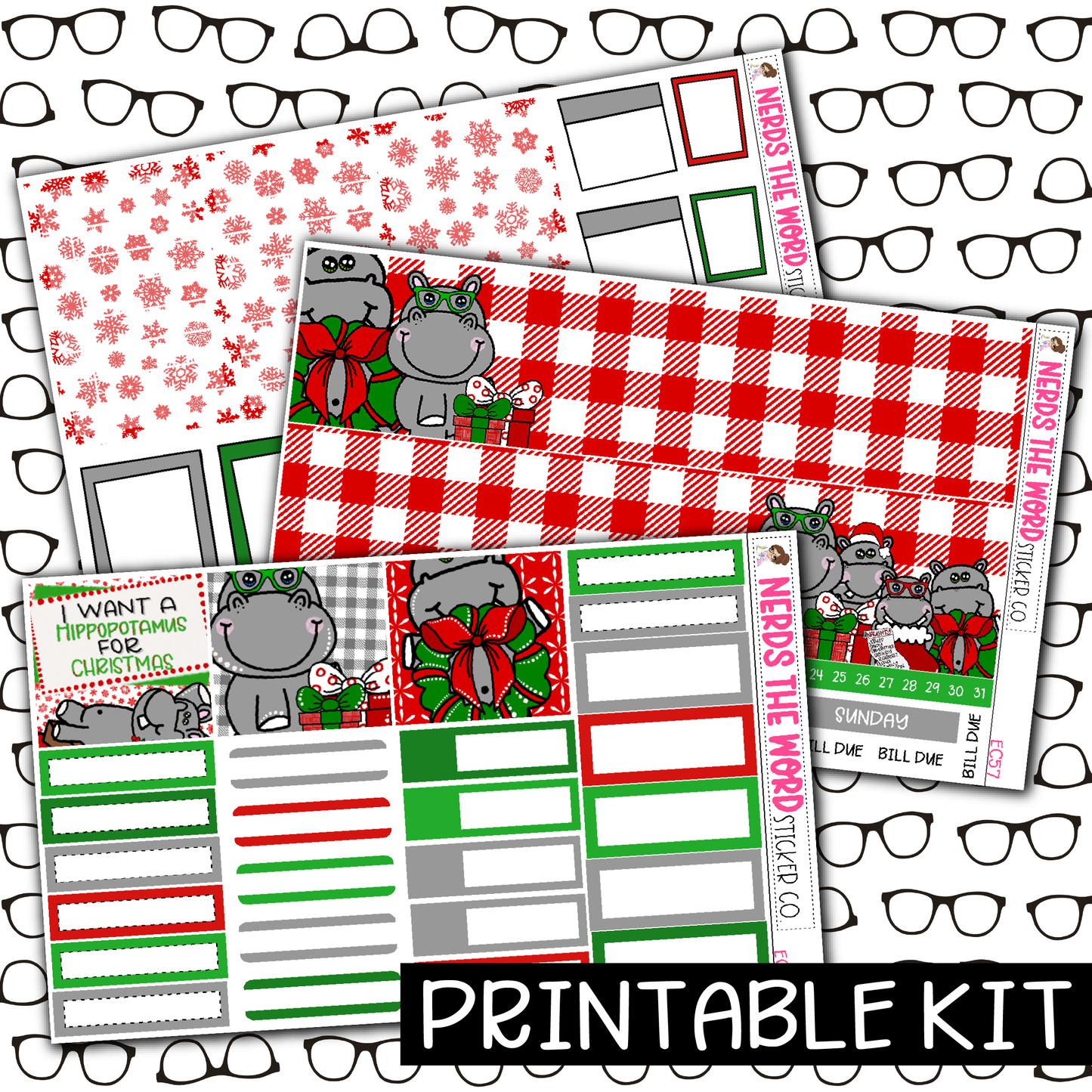 PRINTABLE - Hippo for Christmas Monthly, Weekly and or Journaling Sticker Kit