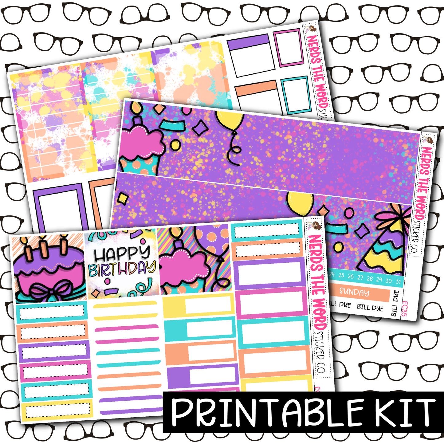 PRINTABLE - Girly Birthday Monthly, Weekly and or Journaling Sticker Kit
