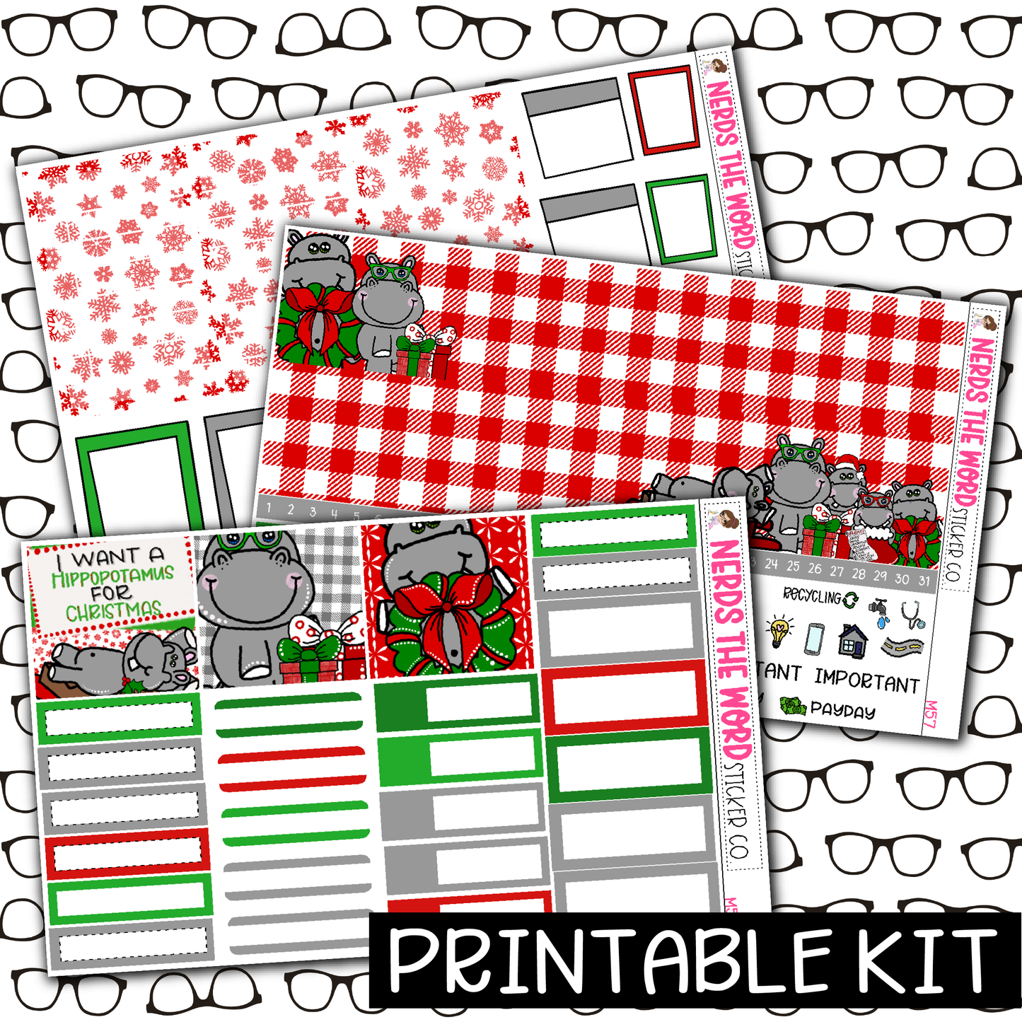 PRINTABLE - Hippo for Christmas Monthly, Weekly and or Journaling Sticker Kit