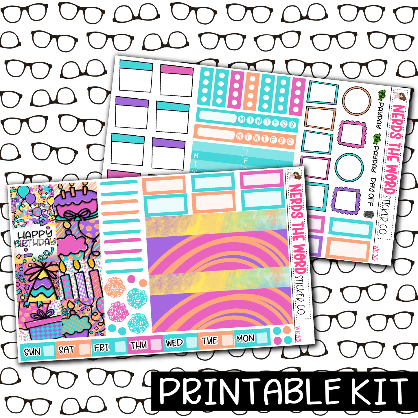 PRINTABLE - Girly Birthday Monthly, Weekly and or Journaling Sticker Kit
