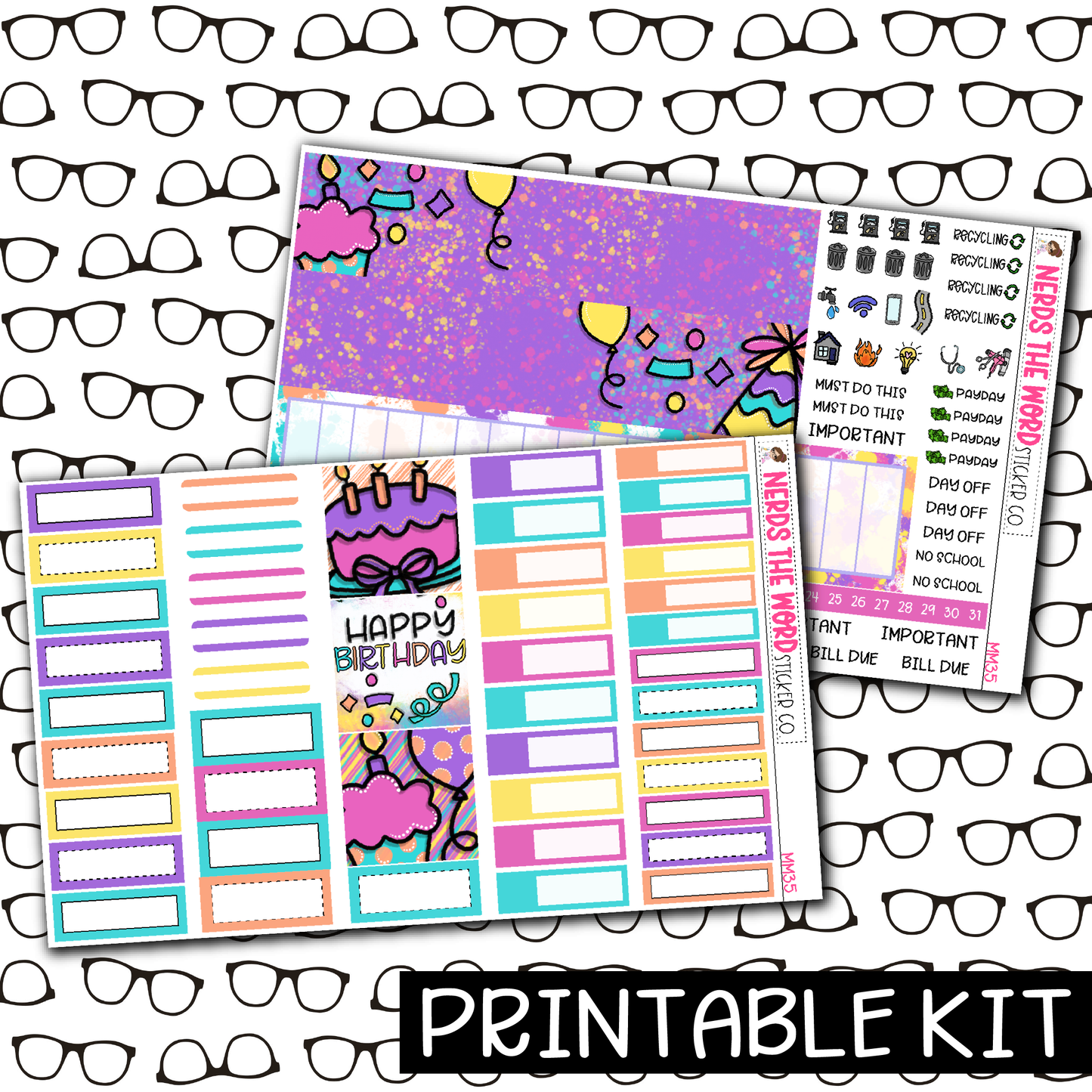 PRINTABLE - Girly Birthday Monthly, Weekly and or Journaling Sticker Kit