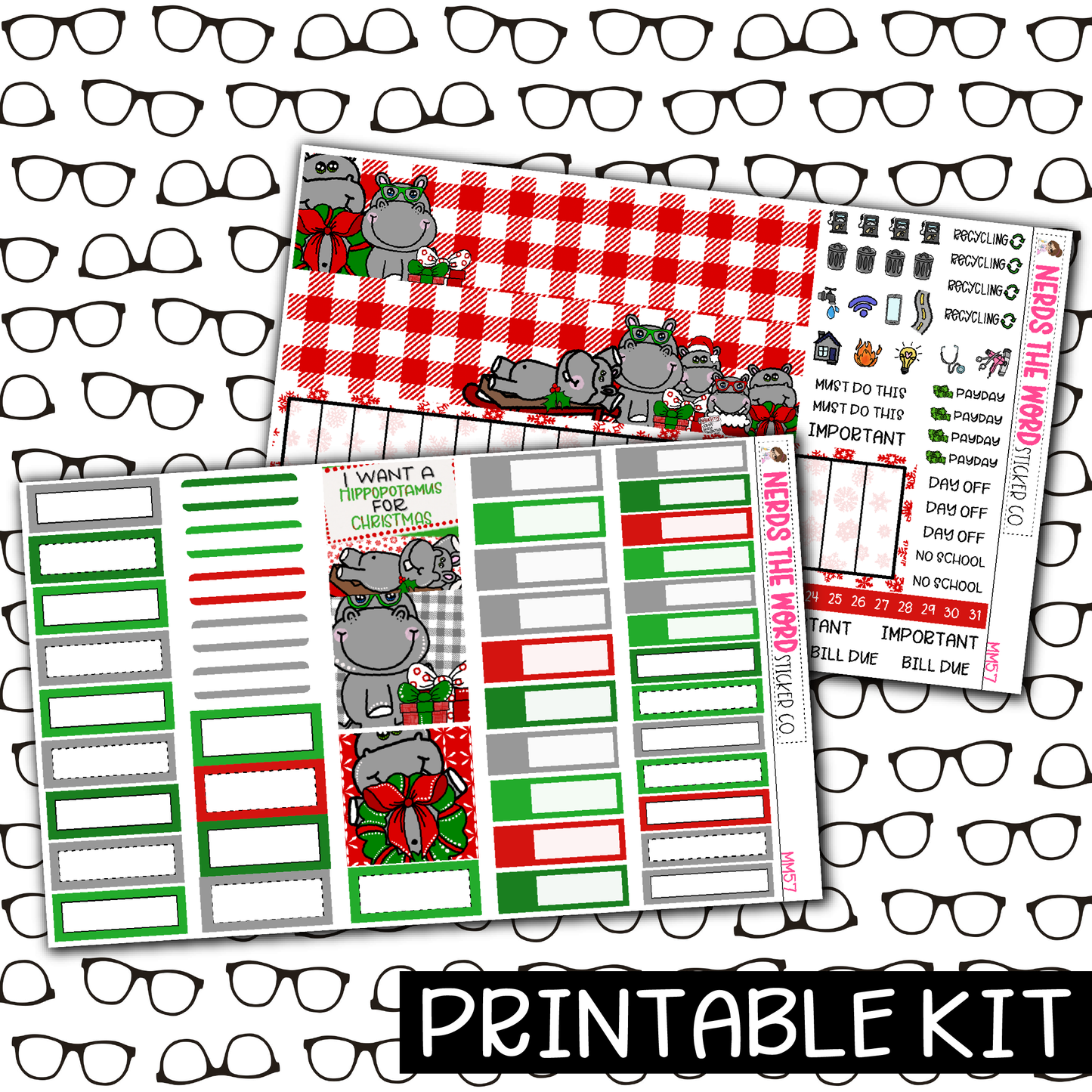 PRINTABLE - Hippo for Christmas Monthly, Weekly and or Journaling Sticker Kit