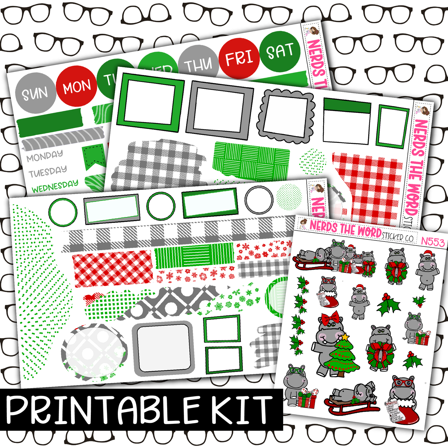 PRINTABLE - Hippo for Christmas Monthly, Weekly and or Journaling Sticker Kit