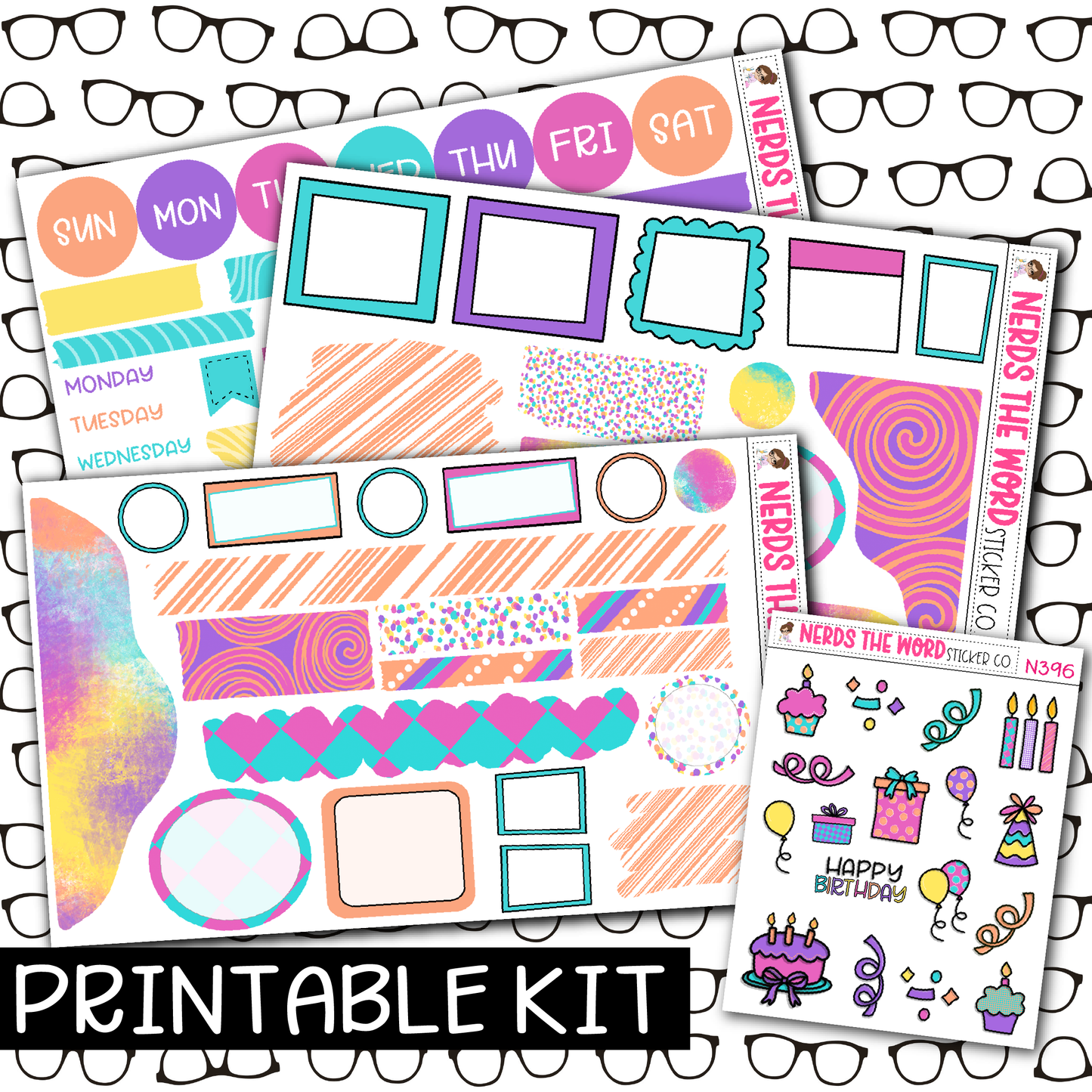 PRINTABLE - Girly Birthday Monthly, Weekly and or Journaling Sticker Kit