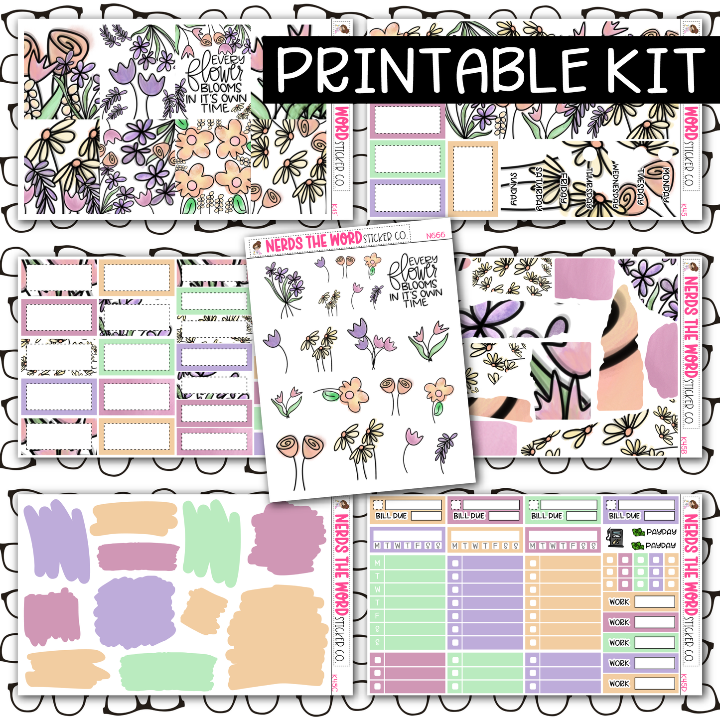 PRINTABLE Watercolor Floral Weekly Kit - Choose your Size