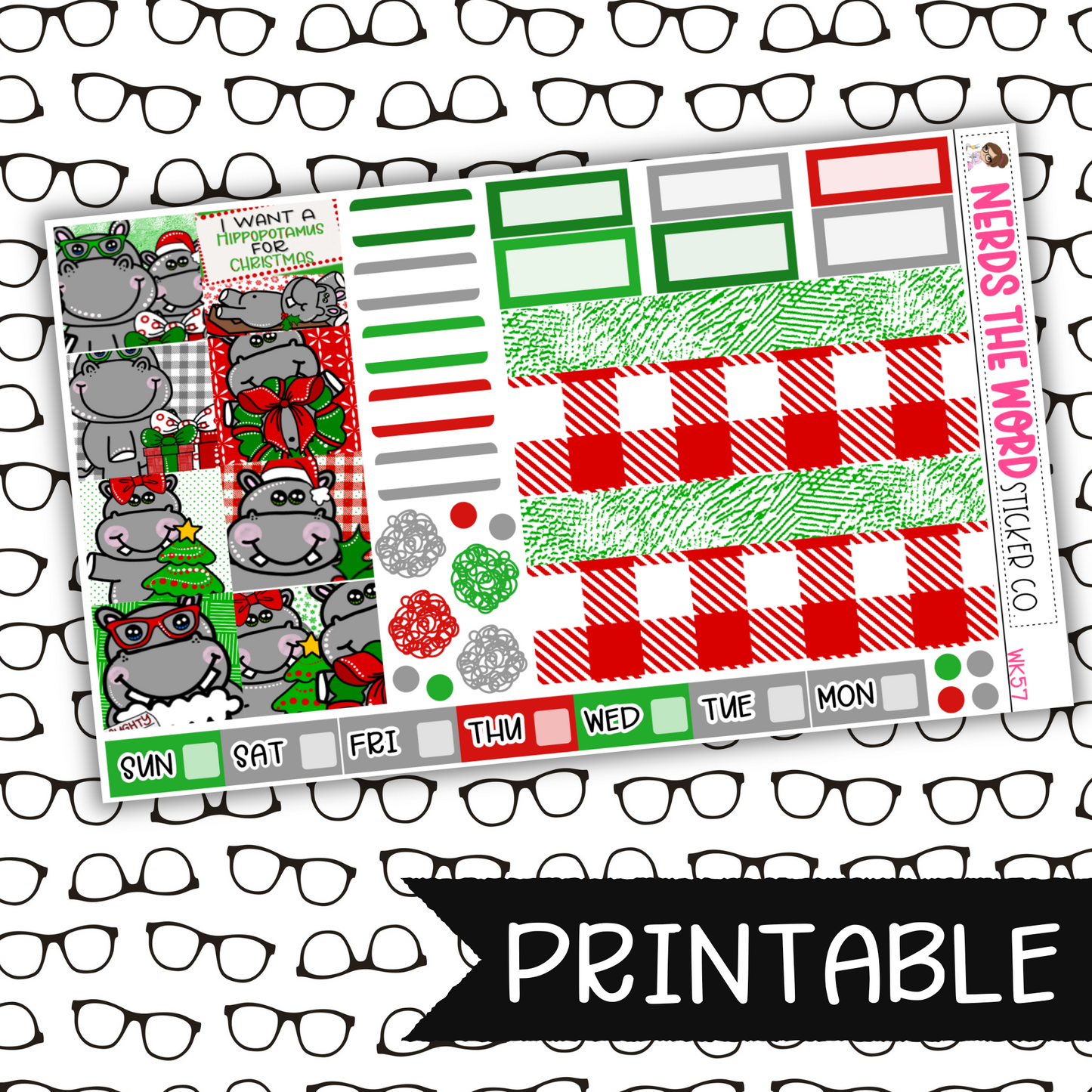 PRINTABLE - Hippo for Christmas Monthly, Weekly and or Journaling Sticker Kit