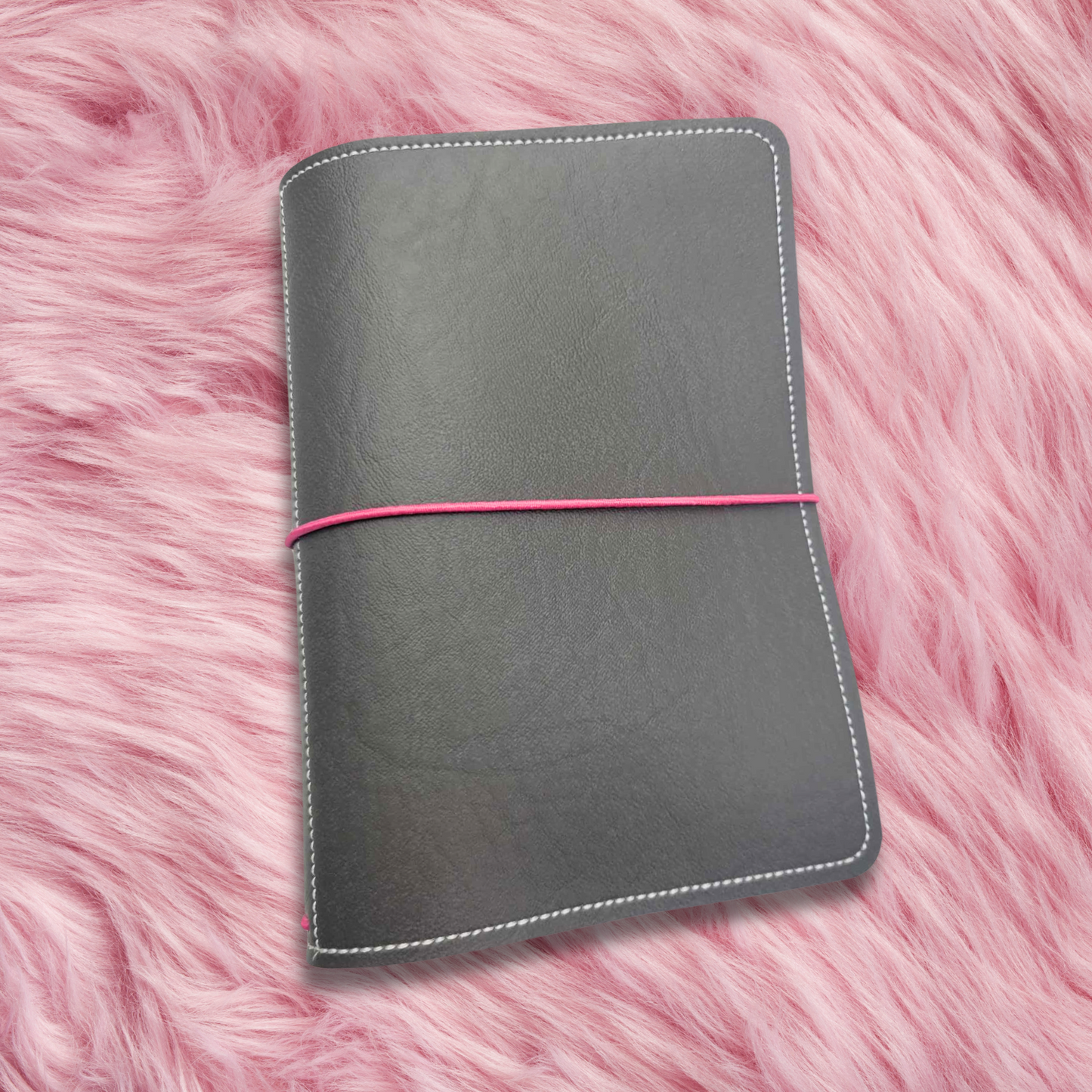 A6 Sized Handmade Traveler's Notebook -  Grey w/ Hot Pink Strings