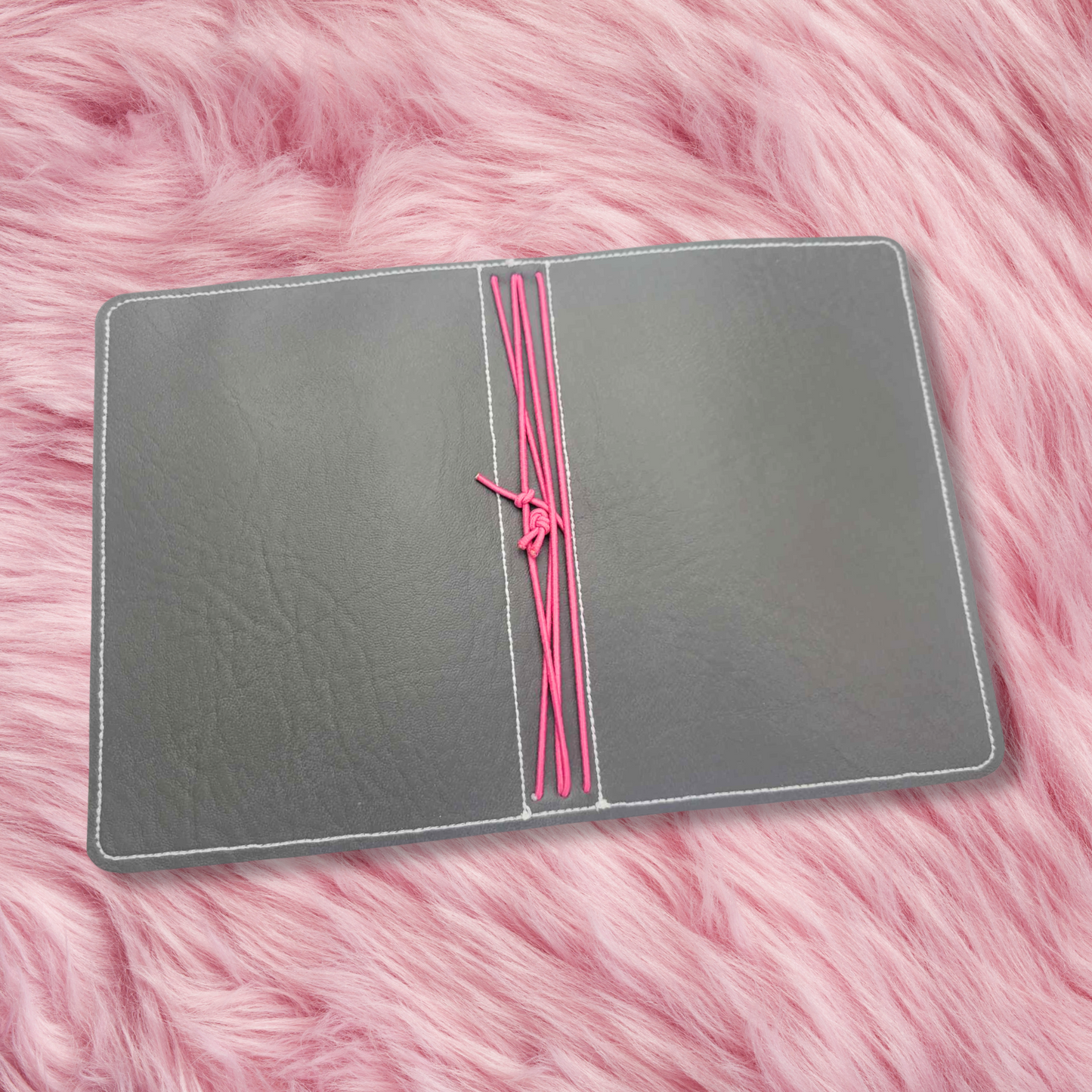 A6 Sized Handmade Traveler's Notebook -  Grey w/ Hot Pink Strings