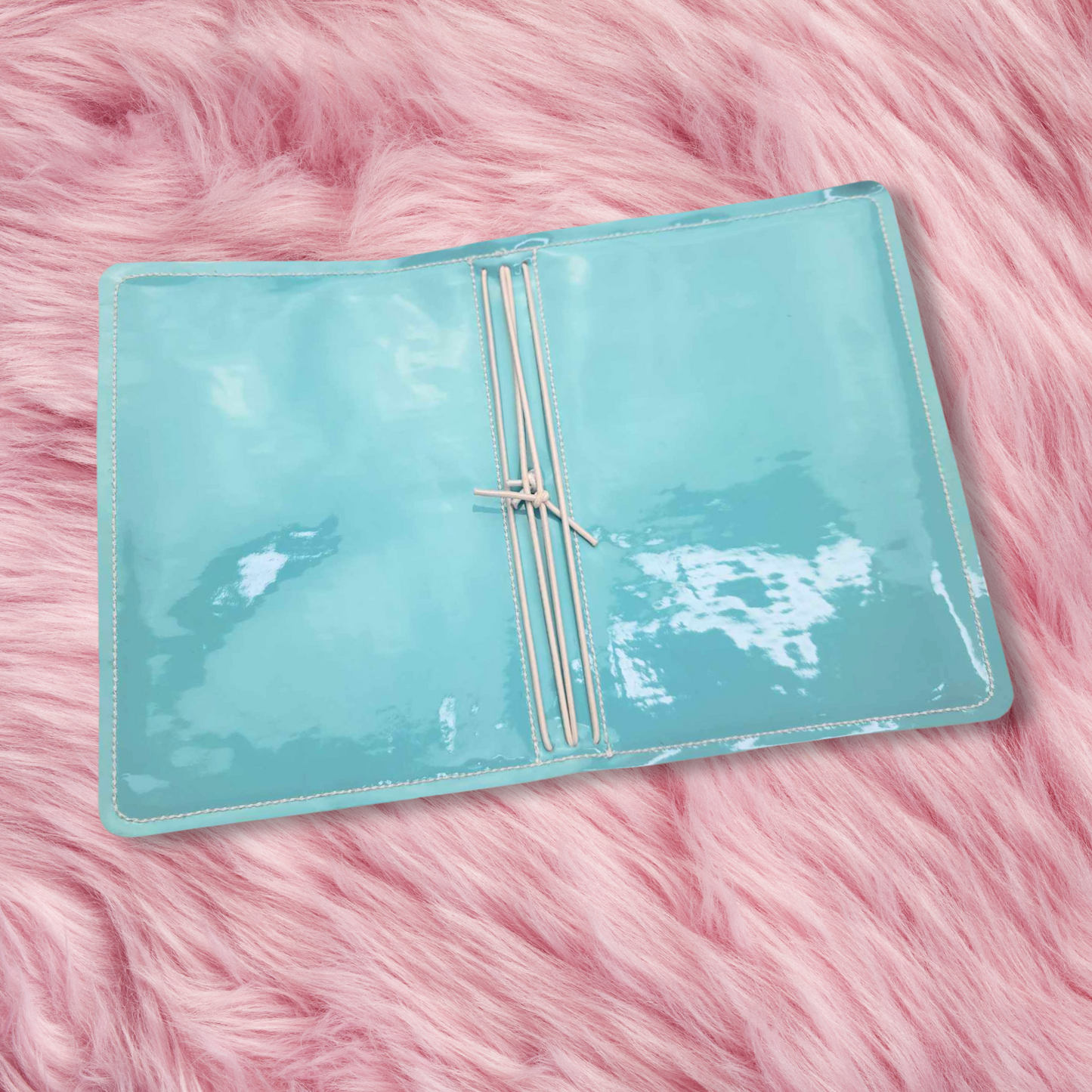A6 Sized Handmade Traveler's Notebook - Shiny Aqua w/ White