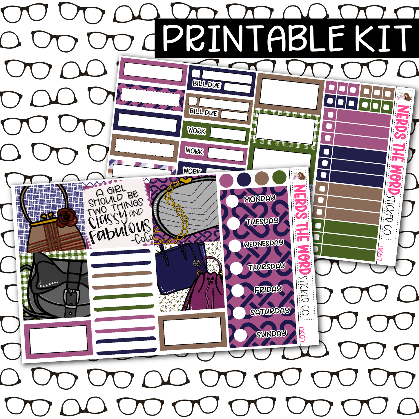 PRINTABLE Purses Weekly Kit - Choose your Size