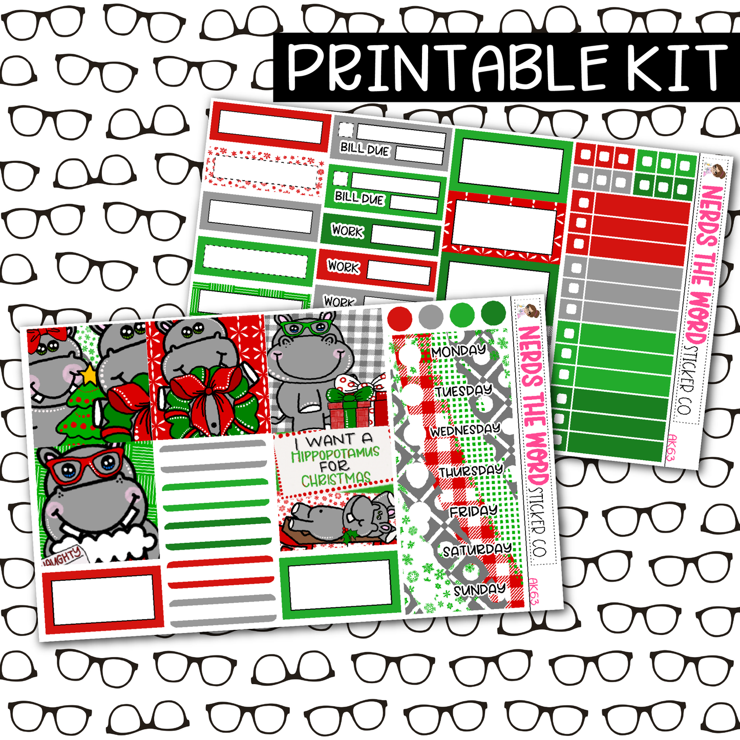 PRINTABLE Hippo for Christmas Weekly Kit - Choose your Size