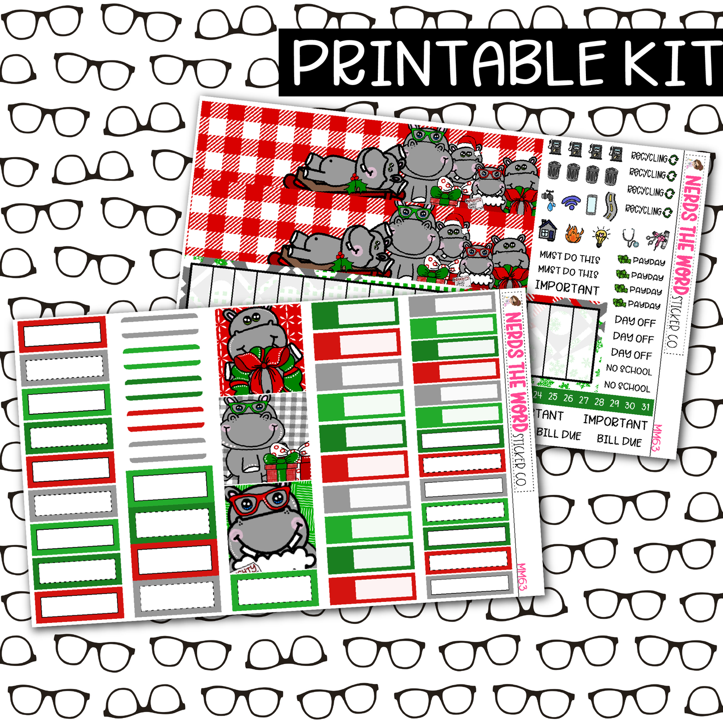 PRINTABLE Hippo for Christmas Monthly Kit - Choose your Size