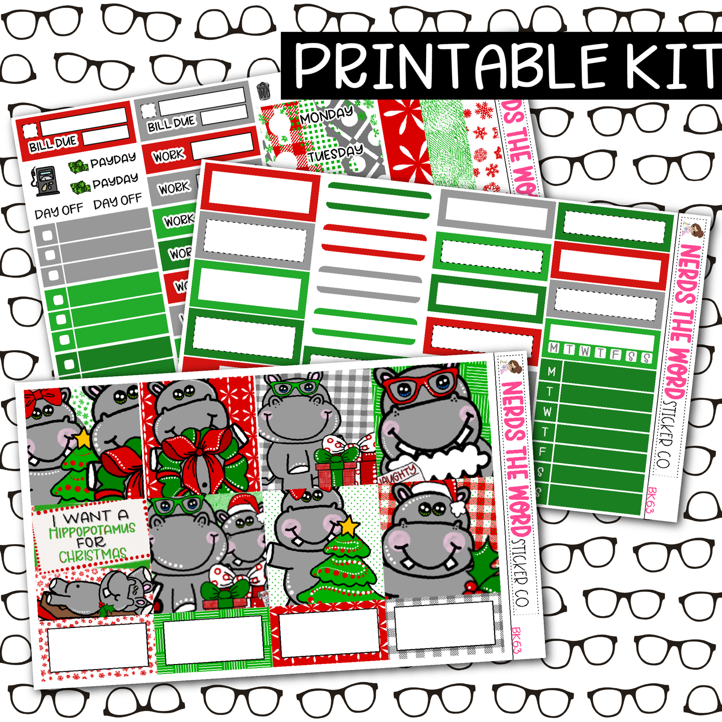 PRINTABLE Hippo for Christmas Weekly Kit - Choose your Size