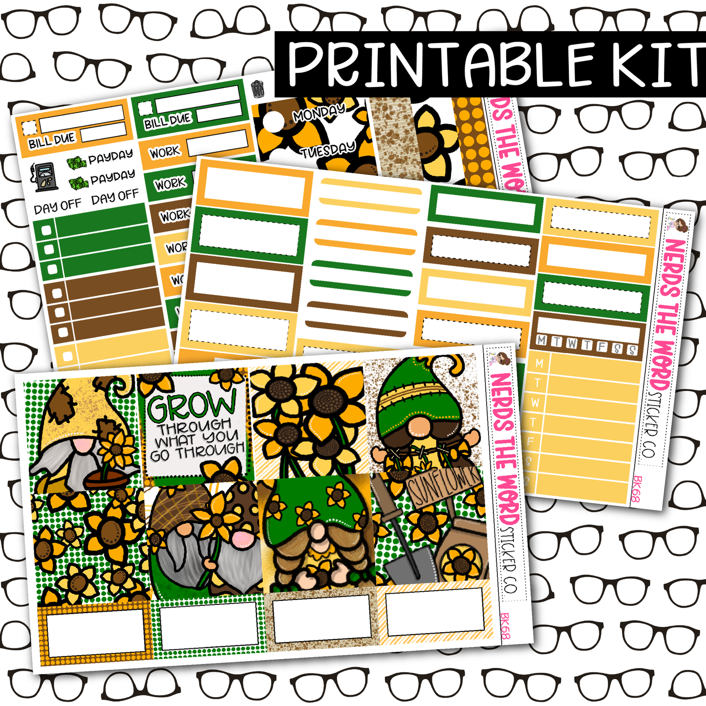 PRINTABLE Sunflower Gnomes Weekly Kit - Choose your Size