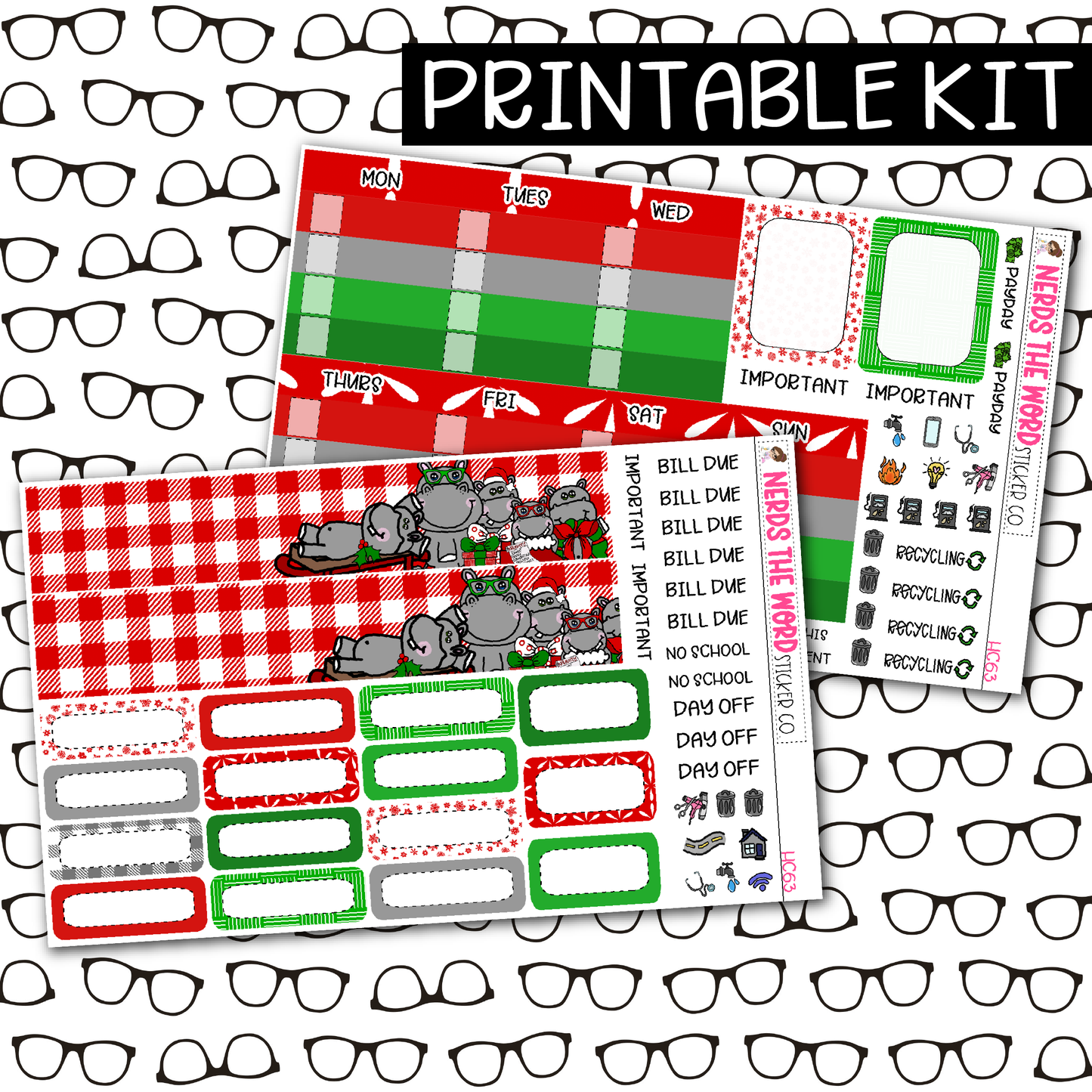 PRINTABLE Hippo for Christmas Monthly Kit - Choose your Size