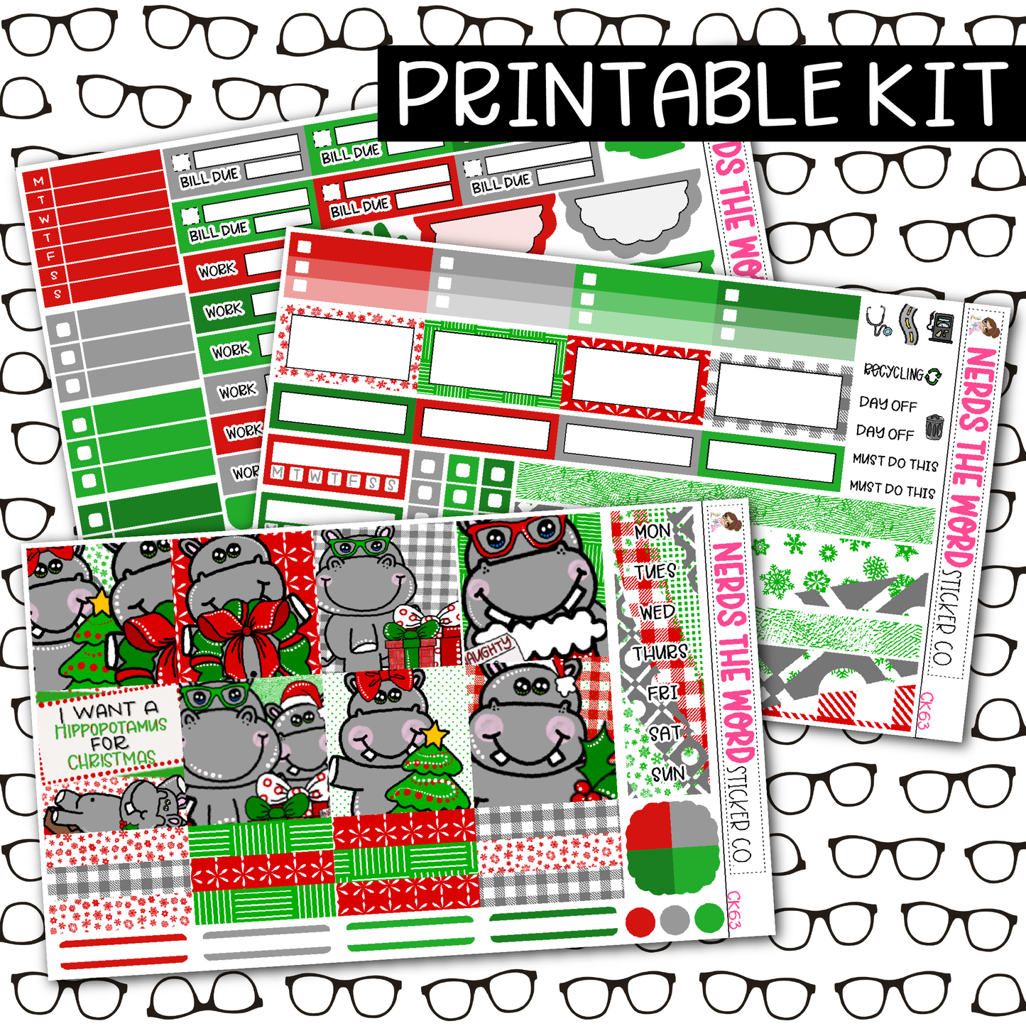 PRINTABLE Hippo for Christmas Weekly Kit - Choose your Size