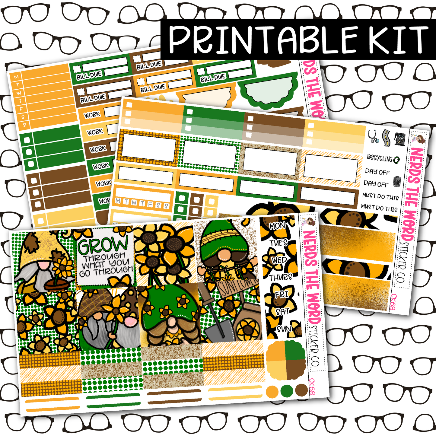 PRINTABLE Sunflower Gnomes Weekly Kit - Choose your Size