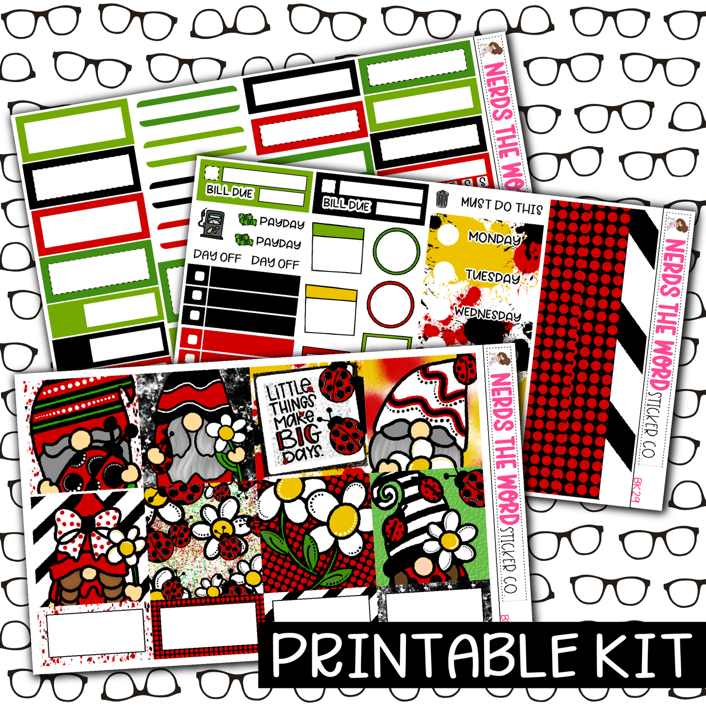 PRINTABLE -  Ladybug Gnome Monthly, Weekly and or Journaling Sticker Kit
