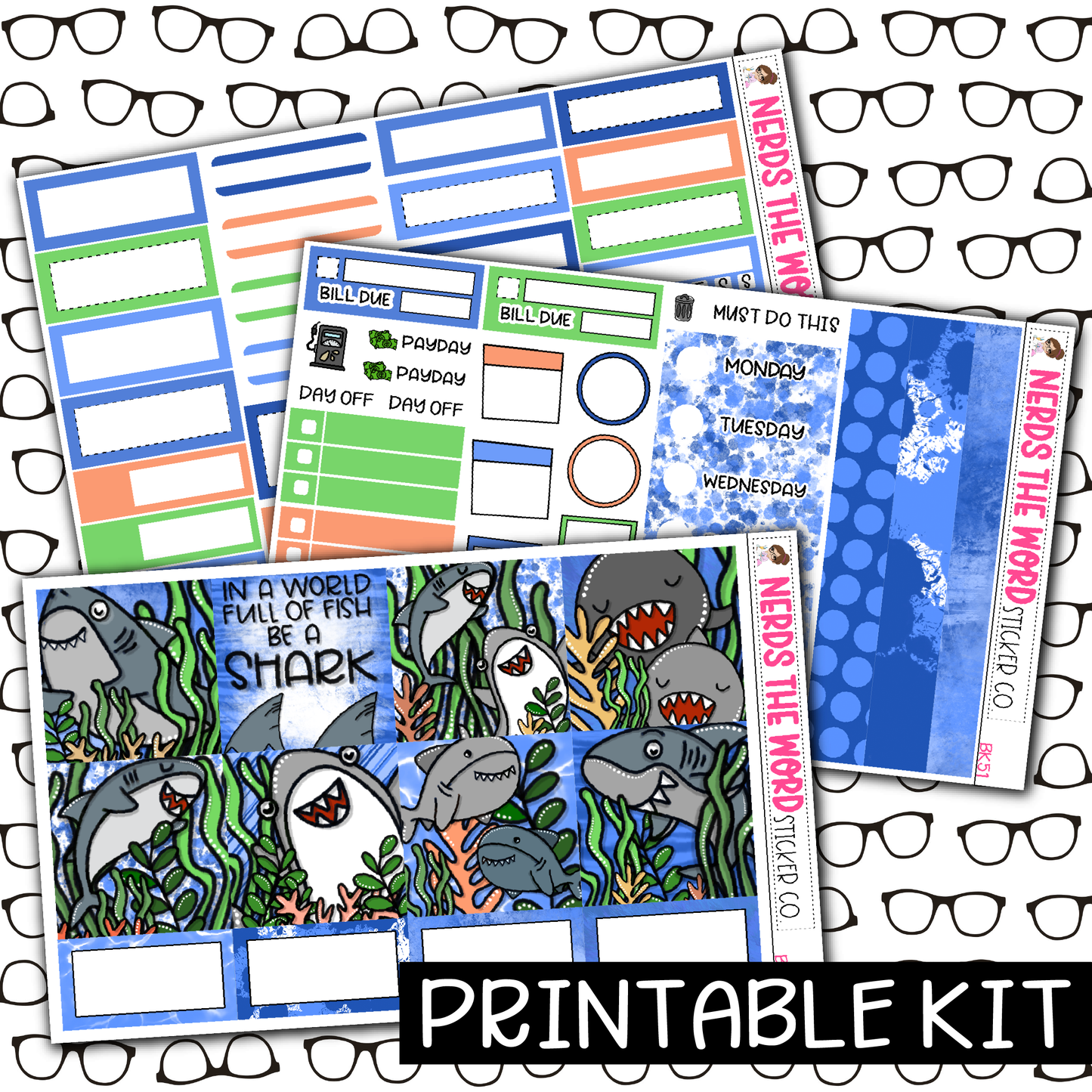 PRINTABLE - Be A Shark Monthly, Weekly and or Journaling Sticker Kit