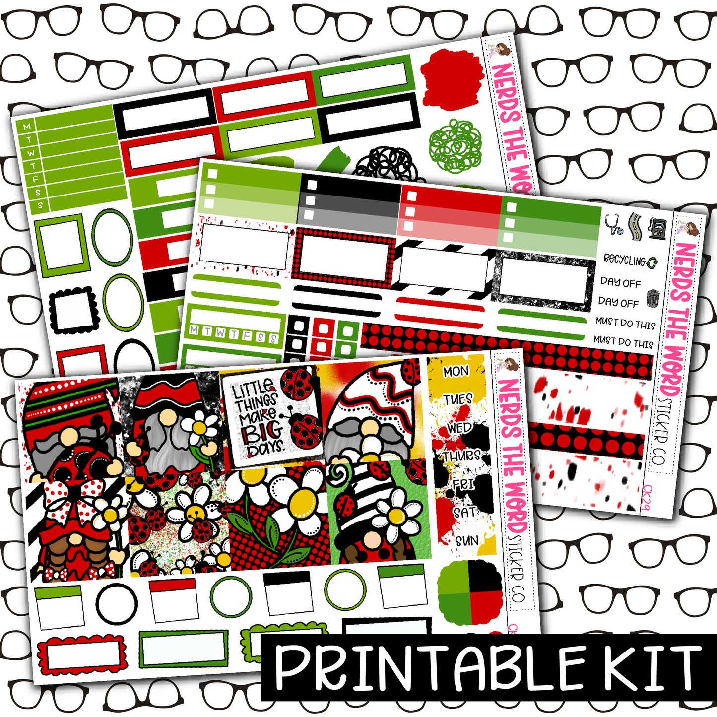 PRINTABLE -  Ladybug Gnome Monthly, Weekly and or Journaling Sticker Kit