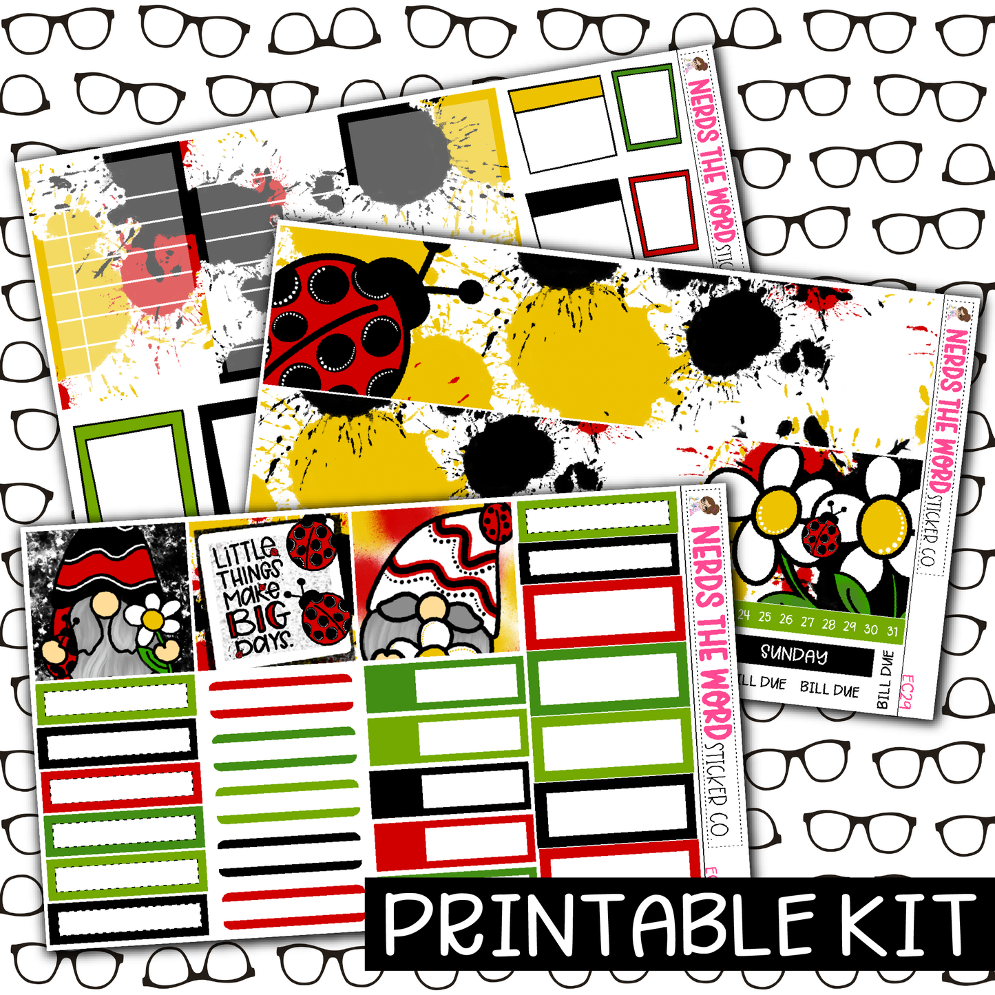 PRINTABLE -  Ladybug Gnome Monthly, Weekly and or Journaling Sticker Kit