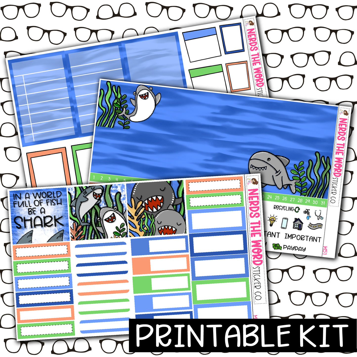 PRINTABLE - Be A Shark Monthly, Weekly and or Journaling Sticker Kit