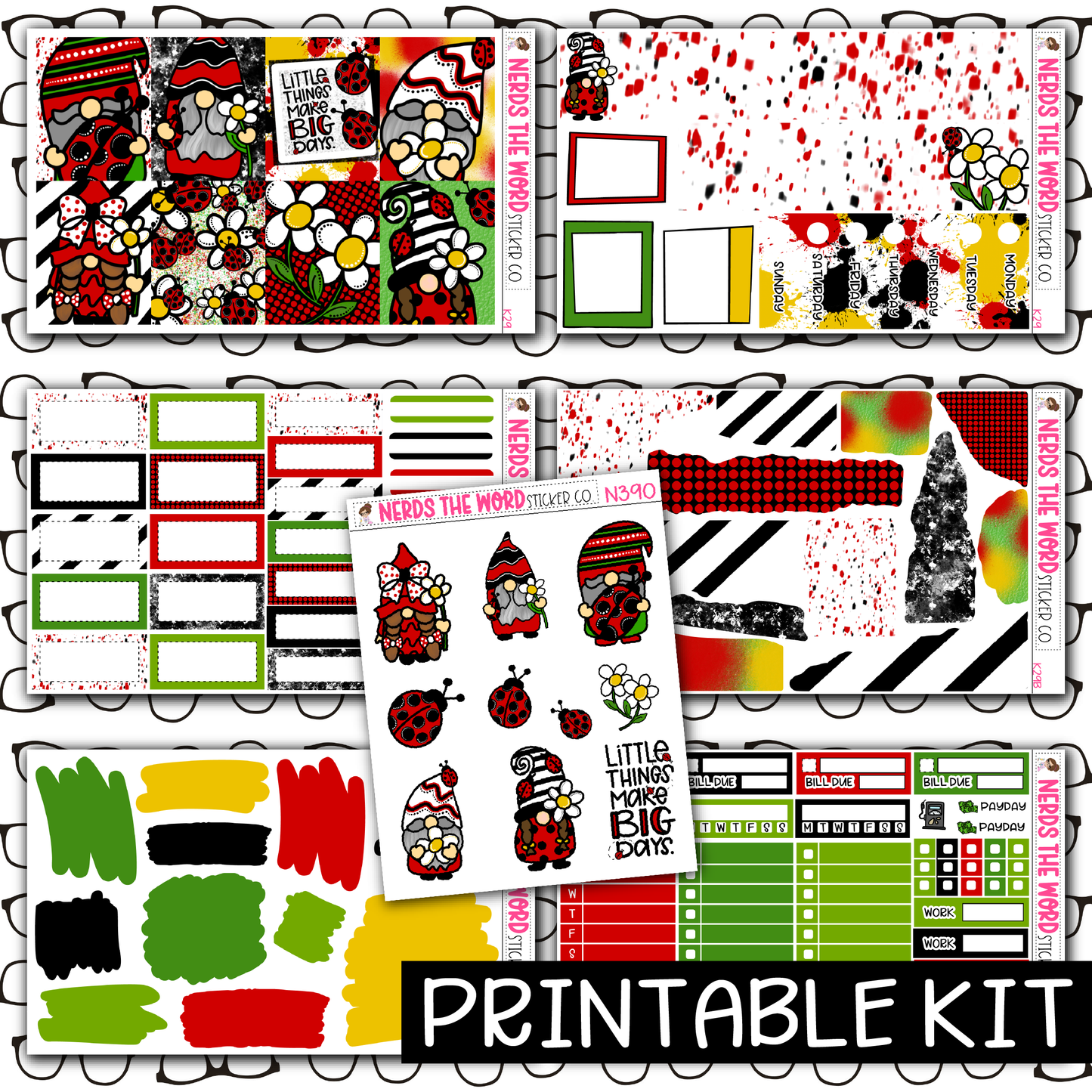 PRINTABLE -  Ladybug Gnome Monthly, Weekly and or Journaling Sticker Kit