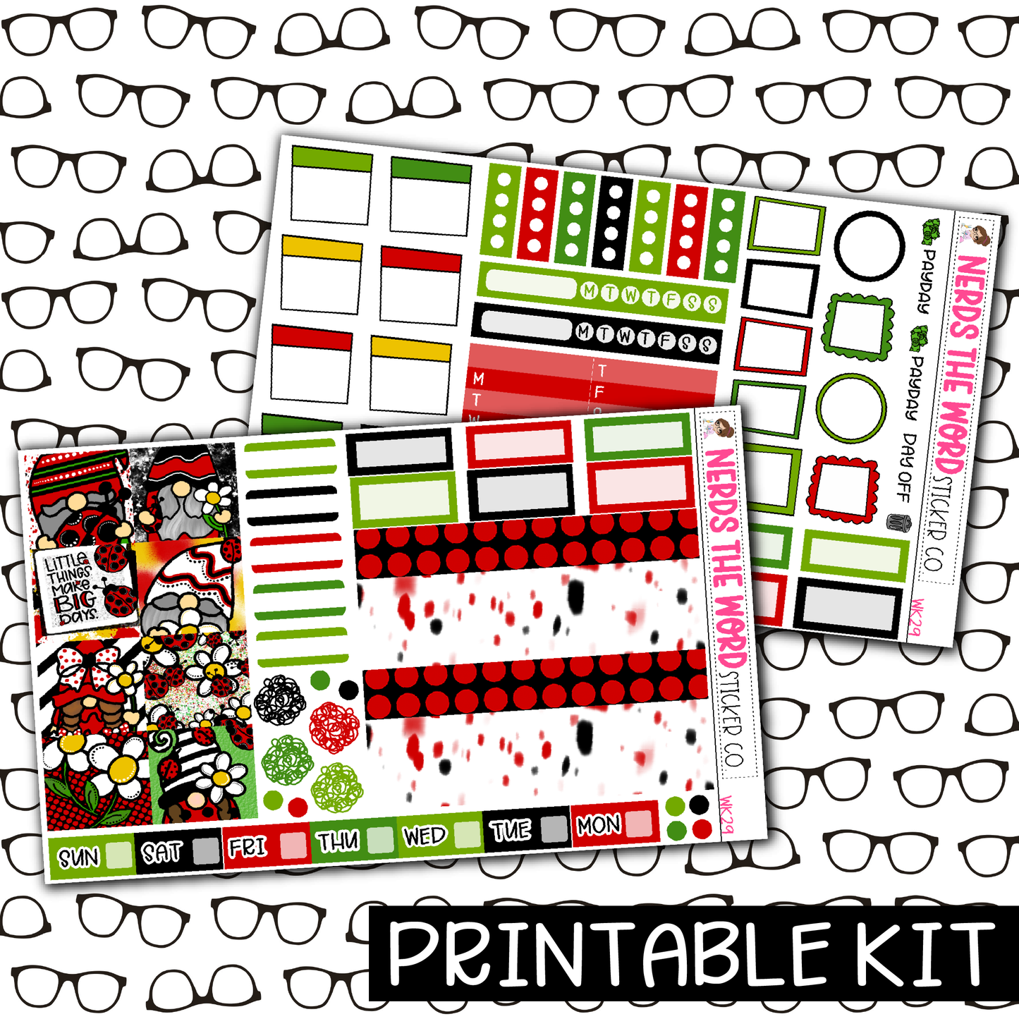 PRINTABLE -  Ladybug Gnome Monthly, Weekly and or Journaling Sticker Kit