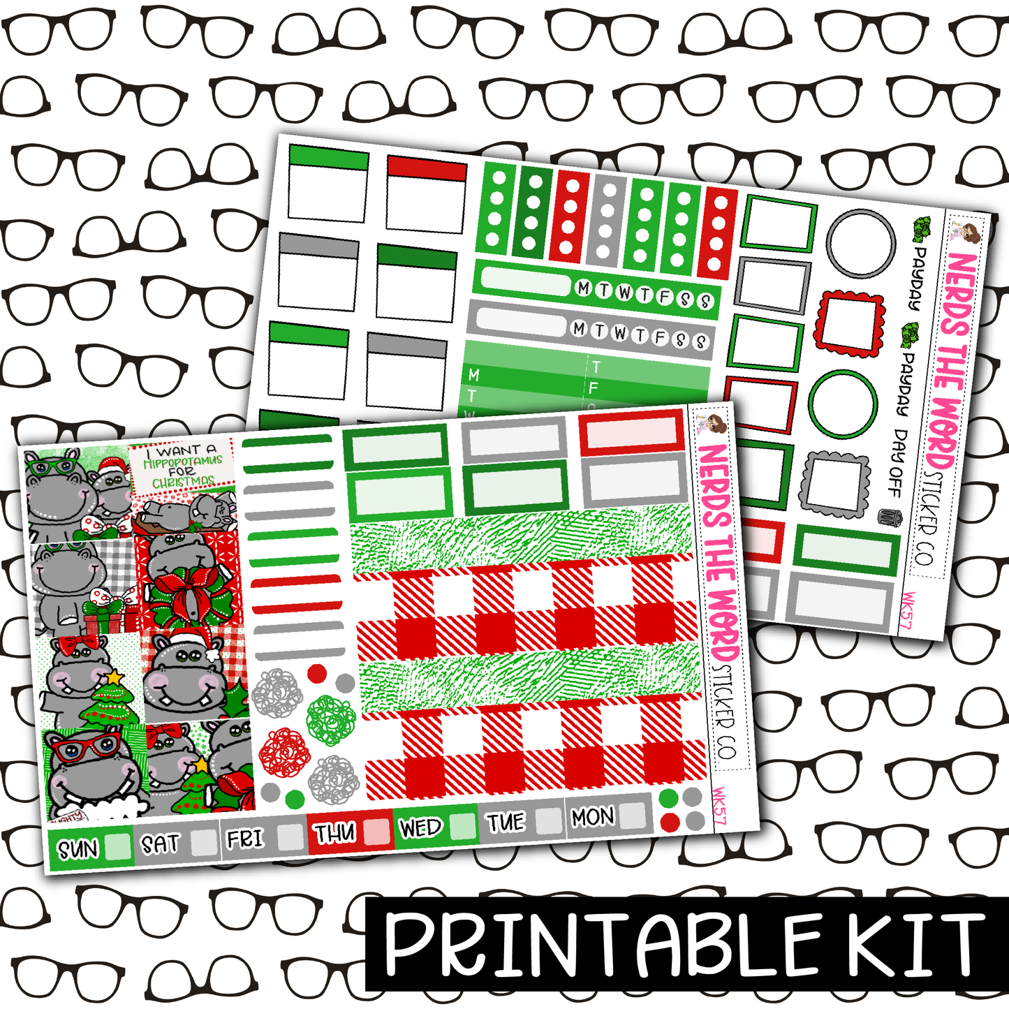 PRINTABLE - Hippo for Christmas Monthly, Weekly and or Journaling Sticker Kit