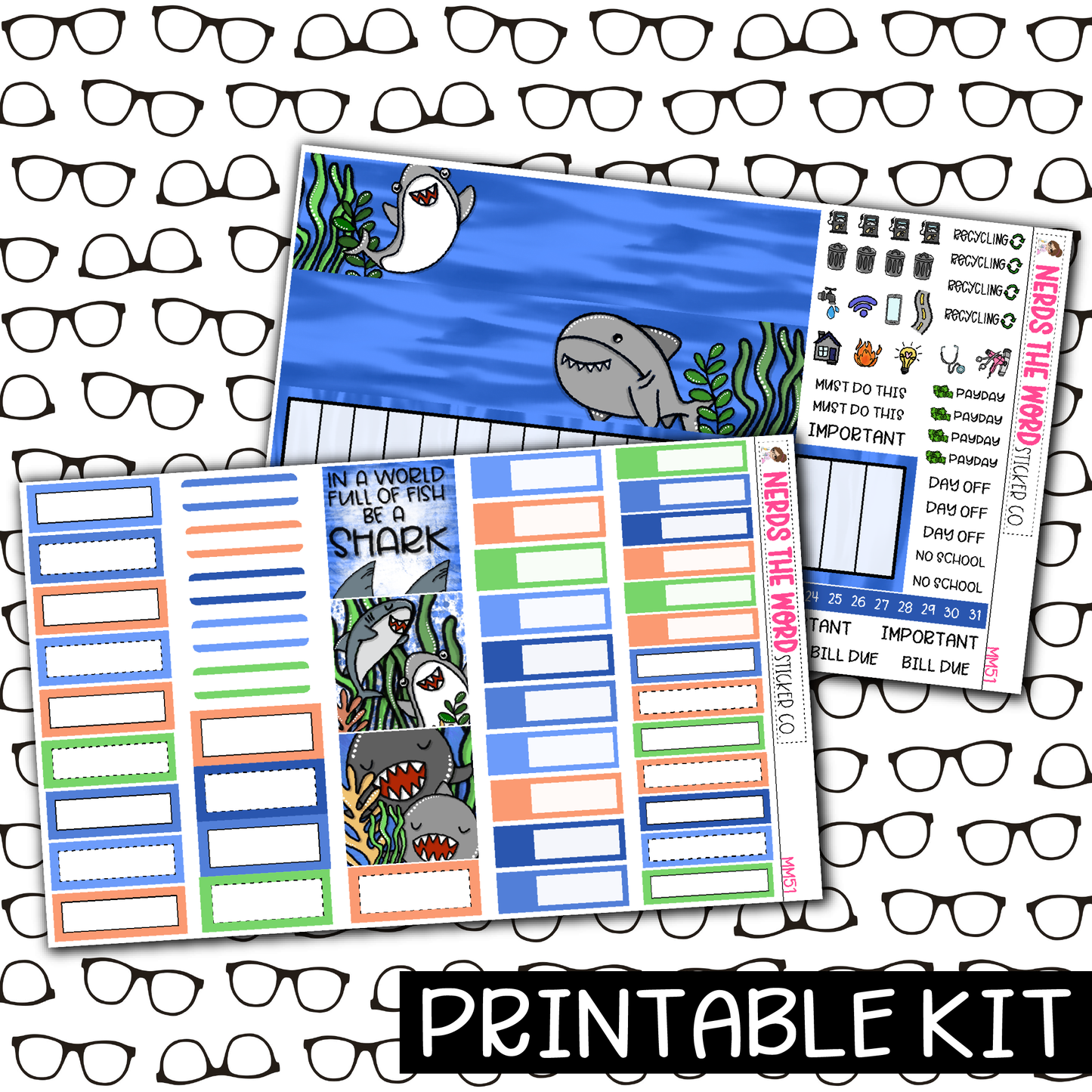 PRINTABLE - Be A Shark Monthly, Weekly and or Journaling Sticker Kit