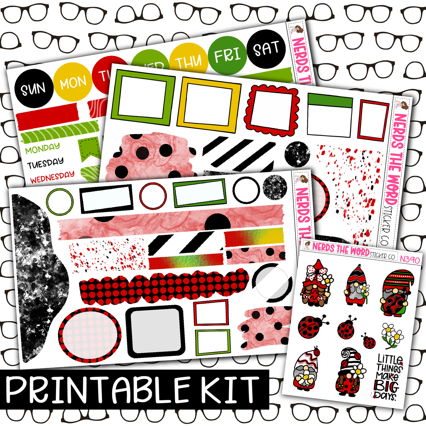 PRINTABLE -  Ladybug Gnome Monthly, Weekly and or Journaling Sticker Kit