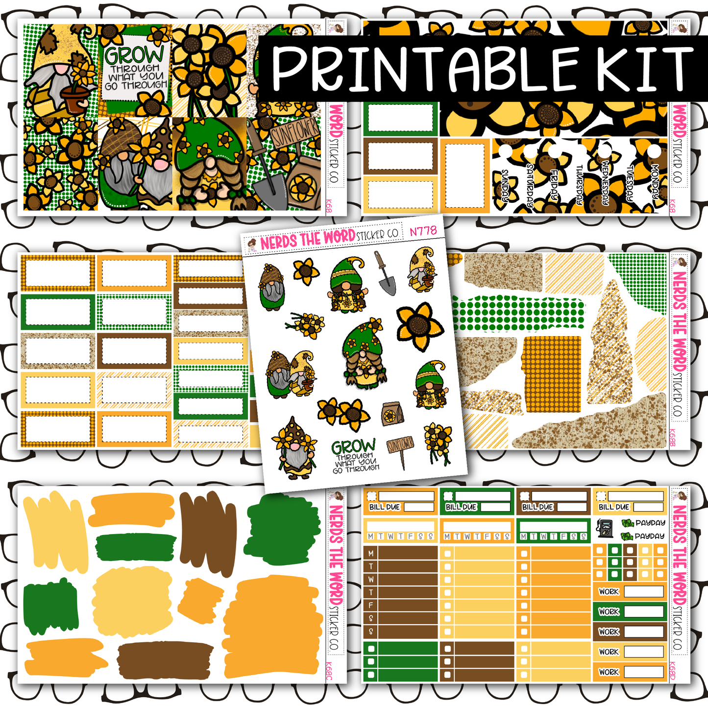 PRINTABLE Sunflower Gnomes Weekly Kit - Choose your Size