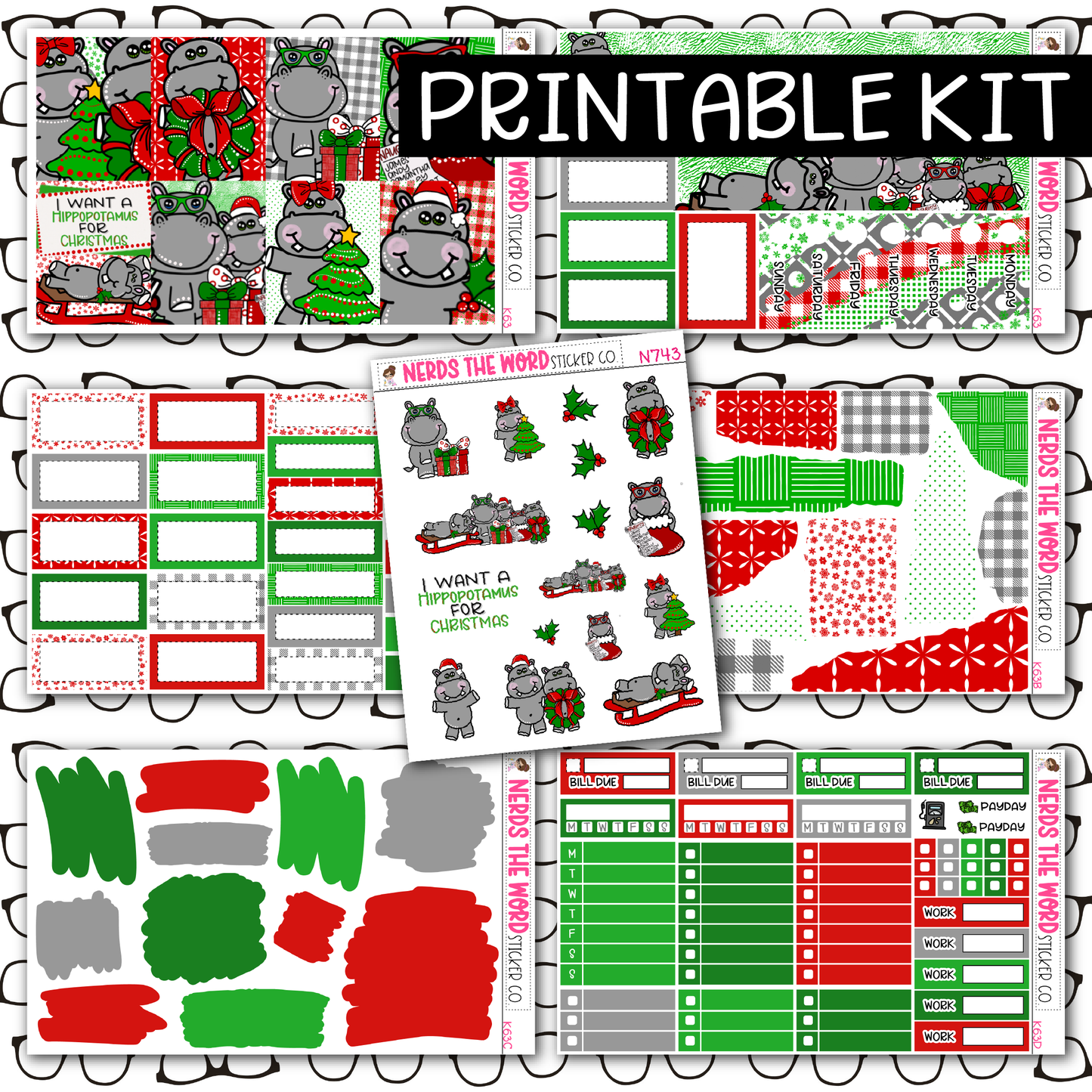 PRINTABLE Hippo for Christmas Weekly Kit - Choose your Size