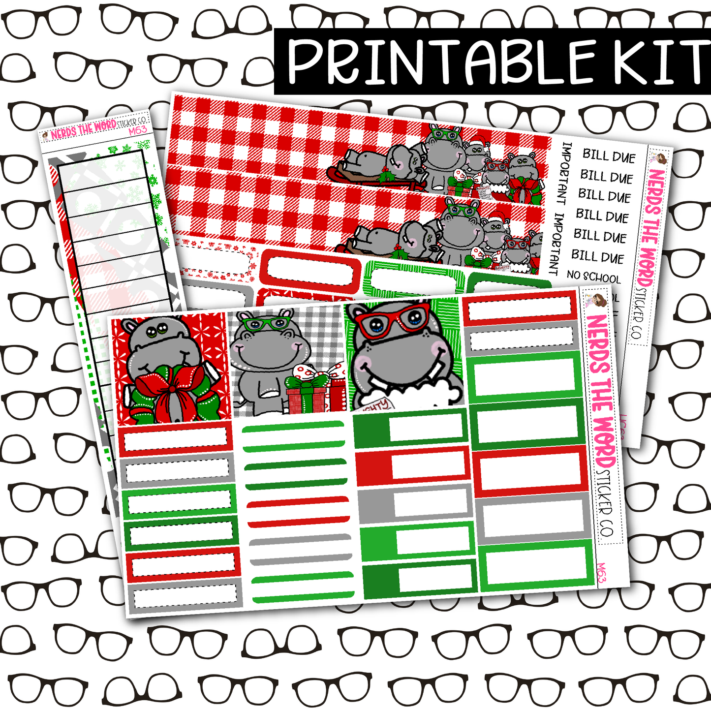 PRINTABLE Hippo for Christmas Monthly Kit - Choose your Size